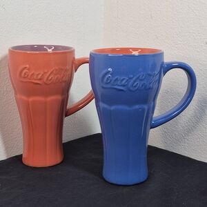 Pair of Vintage Coca-Cola Ceramic Travel Mugs with Lids Colorful Orange Blue